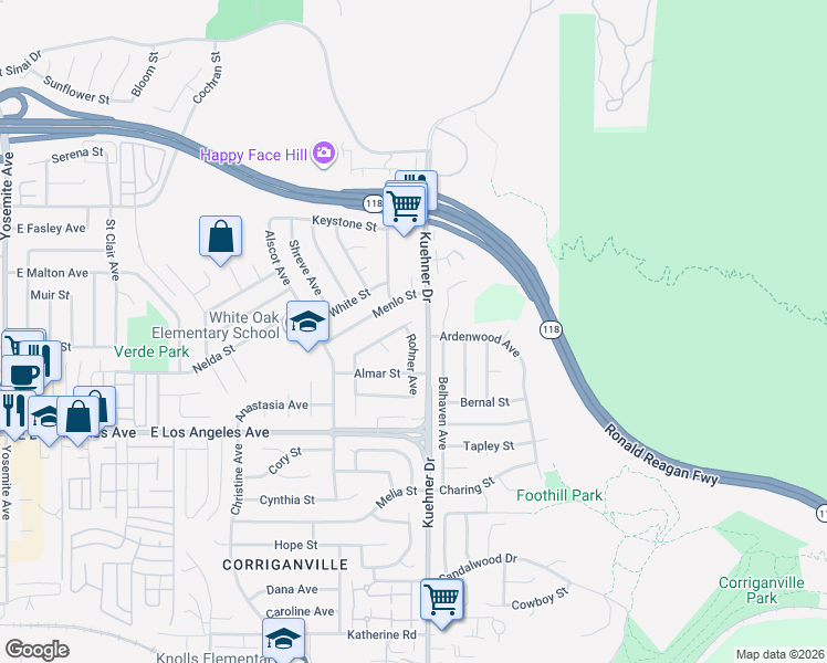 map of restaurants, bars, coffee shops, grocery stores, and more near 2149 Belhaven Avenue in Simi Valley