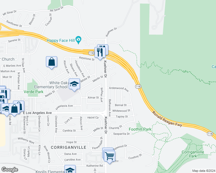 map of restaurants, bars, coffee shops, grocery stores, and more near 2149 Belhaven Avenue in Simi Valley