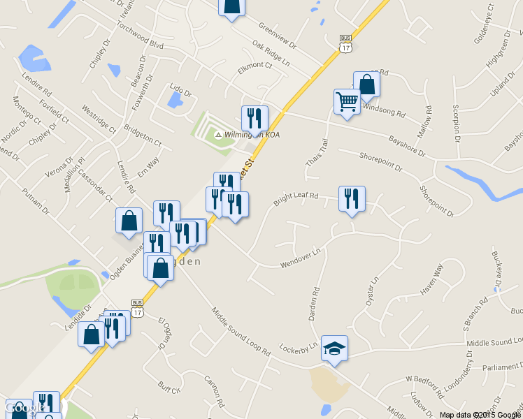 map of restaurants, bars, coffee shops, grocery stores, and more near 7327 Bright Leaf Road in Wilmington