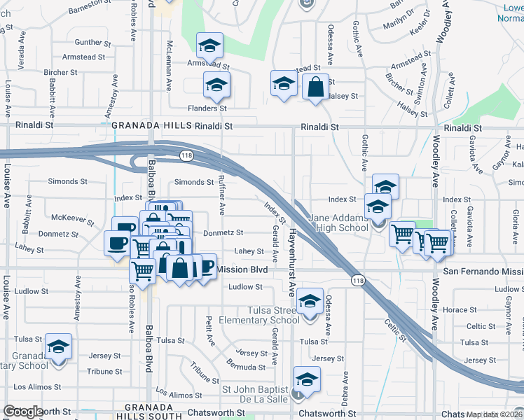 map of restaurants, bars, coffee shops, grocery stores, and more near 16655 McKeever Street in Los Angeles