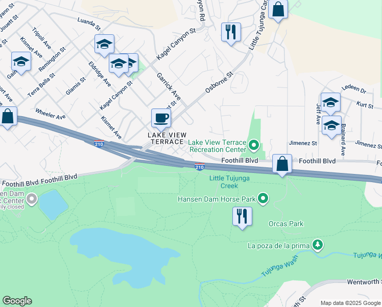 map of restaurants, bars, coffee shops, grocery stores, and more near 11300 Foothill Boulevard in Los Angeles