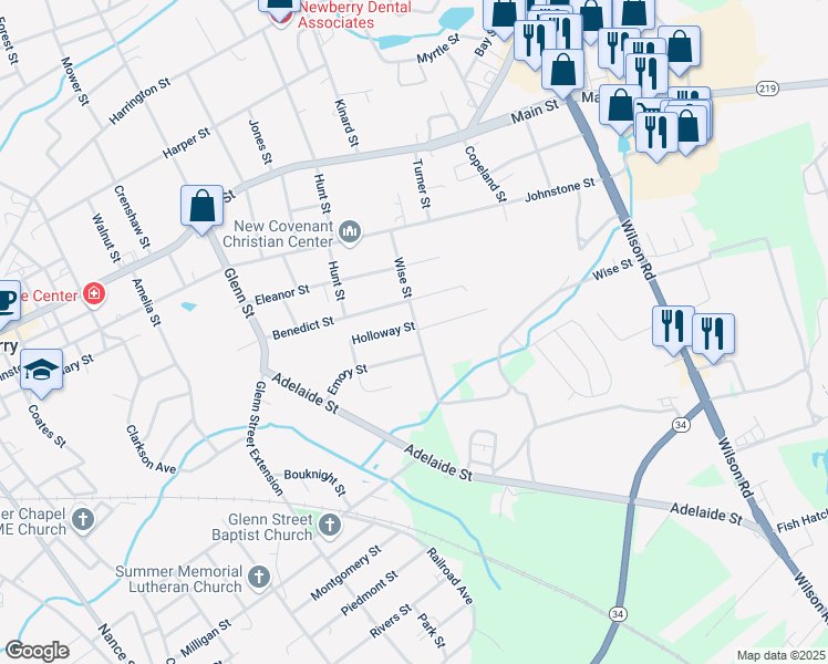 map of restaurants, bars, coffee shops, grocery stores, and more near 700 Wise Street in Newberry
