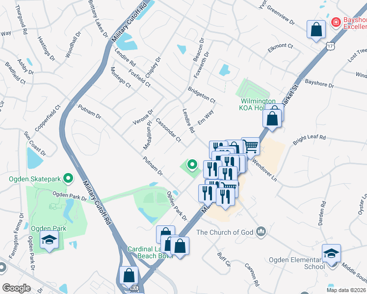 map of restaurants, bars, coffee shops, grocery stores, and more near 7223 Vespar Court in Wilmington