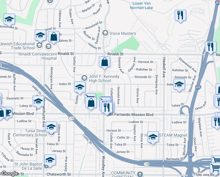 map of restaurants, bars, coffee shops, grocery stores, and more near 11245 Collett Avenue in Los Angeles