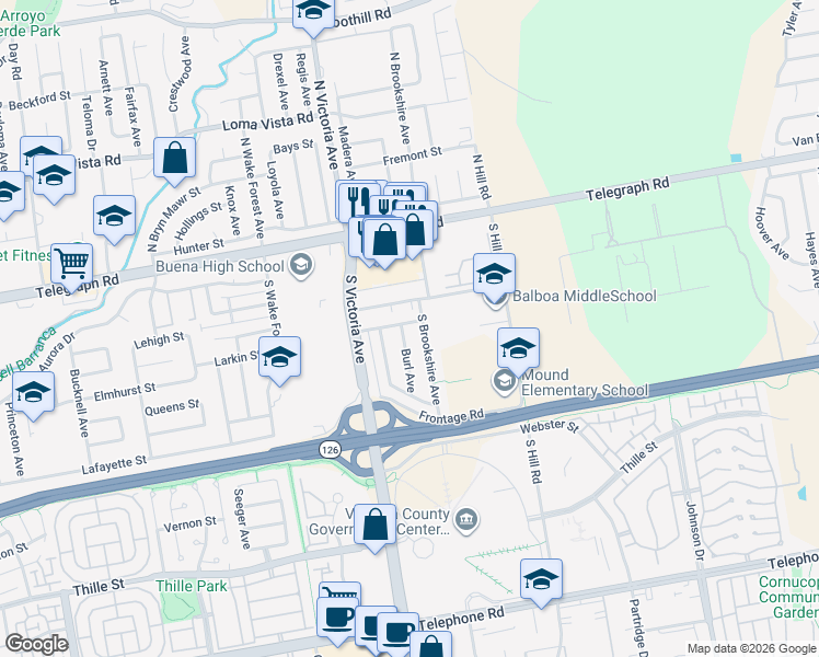map of restaurants, bars, coffee shops, grocery stores, and more near 262 Burl Avenue in Ventura