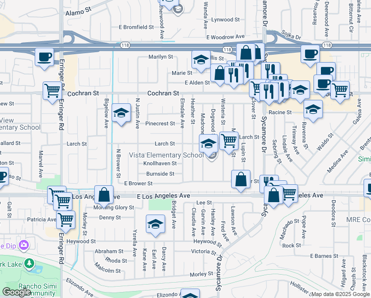 map of restaurants, bars, coffee shops, grocery stores, and more near 2184 Elmdale Avenue in Simi Valley