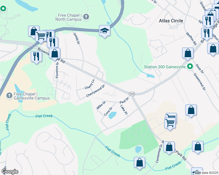 map of restaurants, bars, coffee shops, grocery stores, and more near 2517 Browns Bridge Road in Gainesville