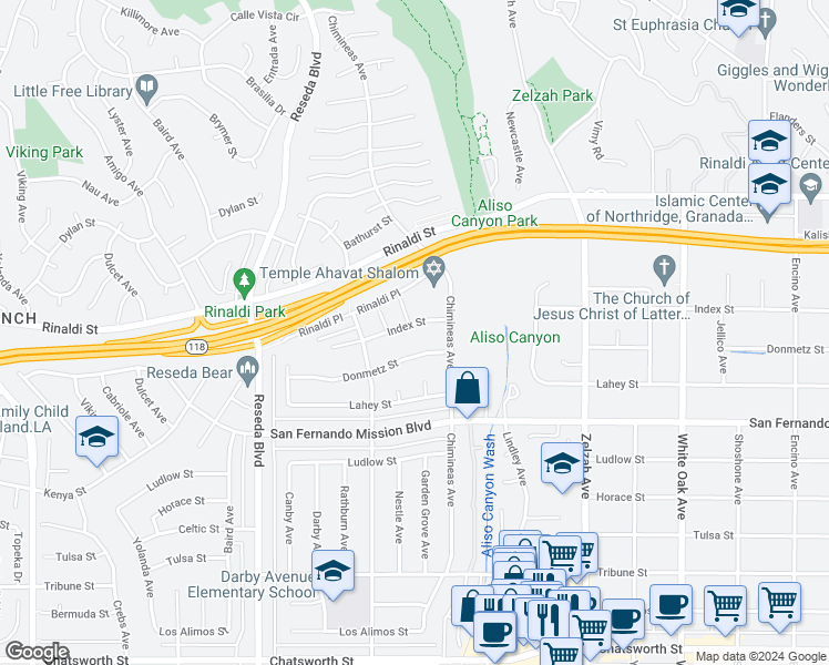 map of restaurants, bars, coffee shops, grocery stores, and more near 18208 Index Street in Los Angeles