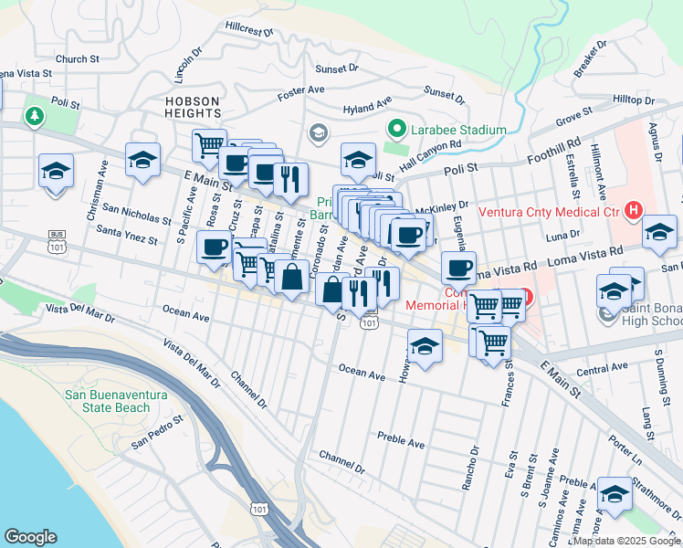 map of restaurants, bars, coffee shops, grocery stores, and more near 136 Jordan Avenue in Ventura