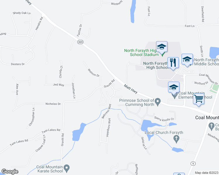map of restaurants, bars, coffee shops, grocery stores, and more near 4360 Belcrest Way in Cumming