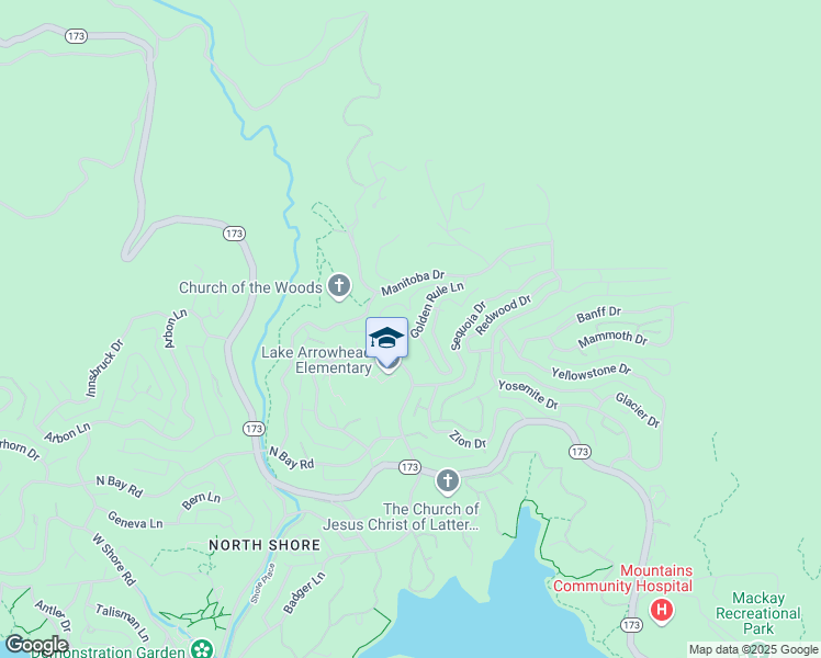 map of restaurants, bars, coffee shops, grocery stores, and more near 1384 Golden Rule Lane in Lake Arrowhead