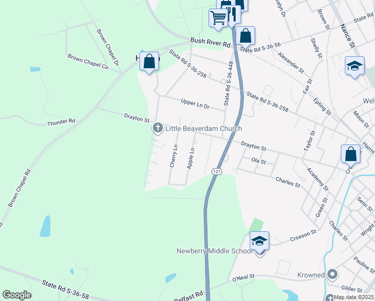 map of restaurants, bars, coffee shops, grocery stores, and more near 639 Apple Lane in Newberry