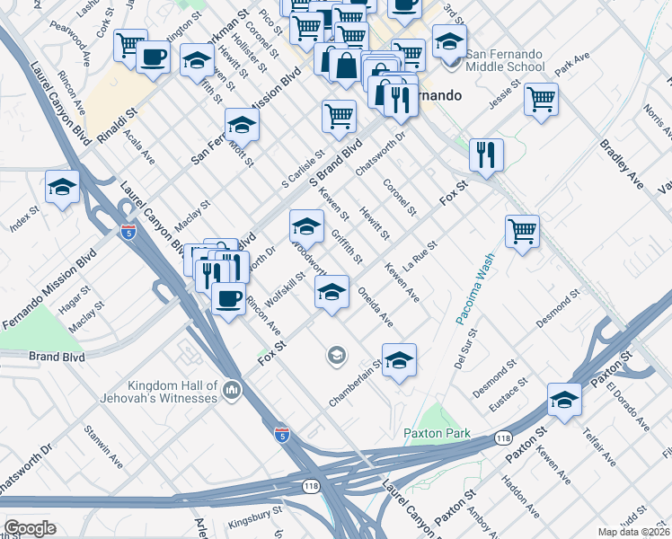 map of restaurants, bars, coffee shops, grocery stores, and more near 626 Mott Street in San Fernando