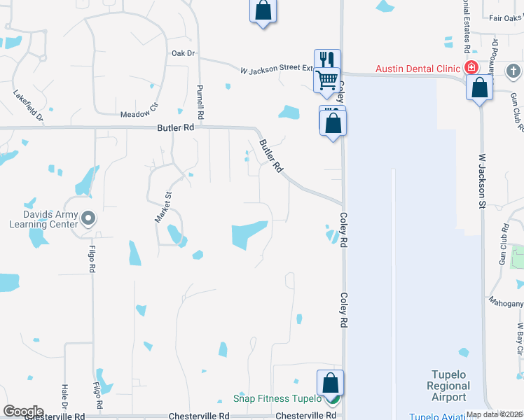 map of restaurants, bars, coffee shops, grocery stores, and more near 4179 Butler Road in Tupelo