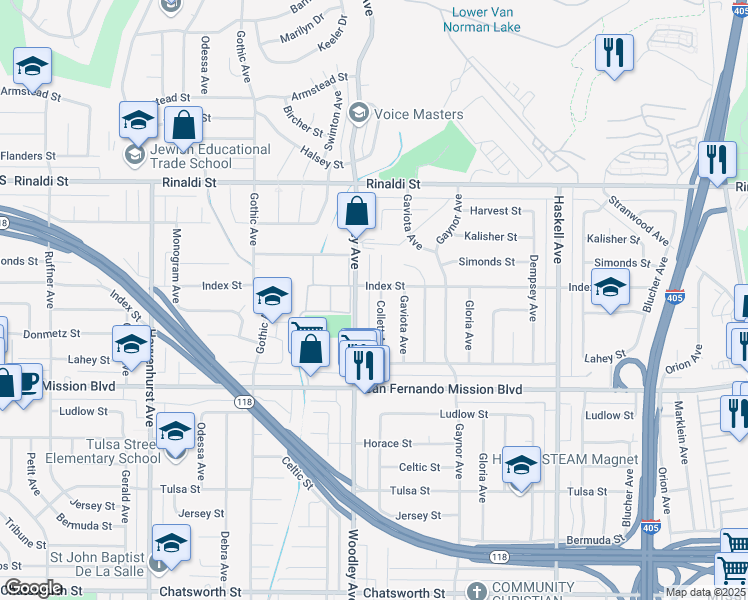 map of restaurants, bars, coffee shops, grocery stores, and more near 11245 Collett Avenue in Los Angeles