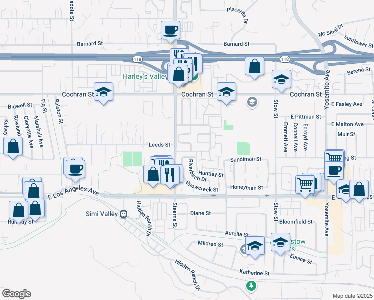 map of restaurants, bars, coffee shops, grocery stores, and more near 5262 Rainwood Street in Simi Valley