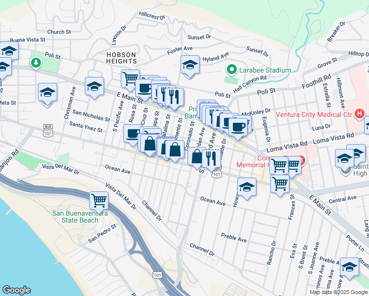 map of restaurants, bars, coffee shops, grocery stores, and more near 183 Coronado Street in Ventura