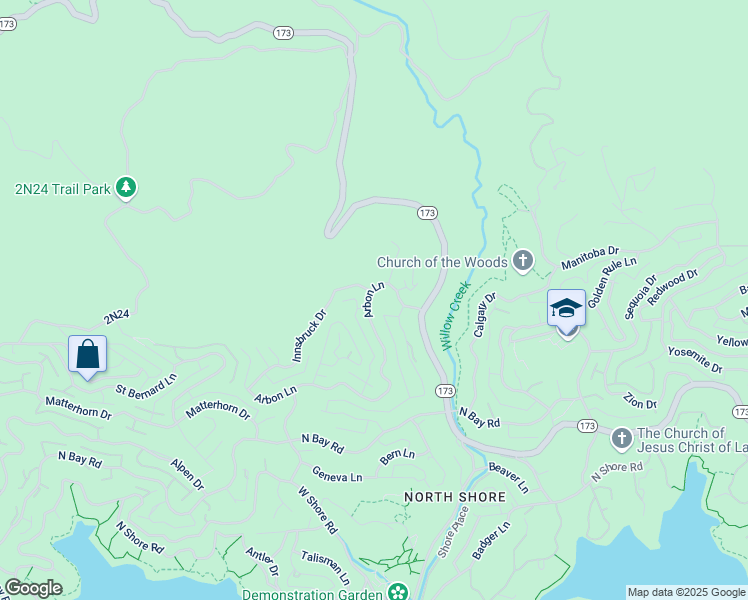 map of restaurants, bars, coffee shops, grocery stores, and more near 28277 Arbon Lane in Lake Arrowhead