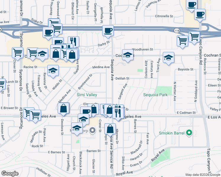 map of restaurants, bars, coffee shops, grocery stores, and more near 2177 Sequoia Ave in Simi Valley