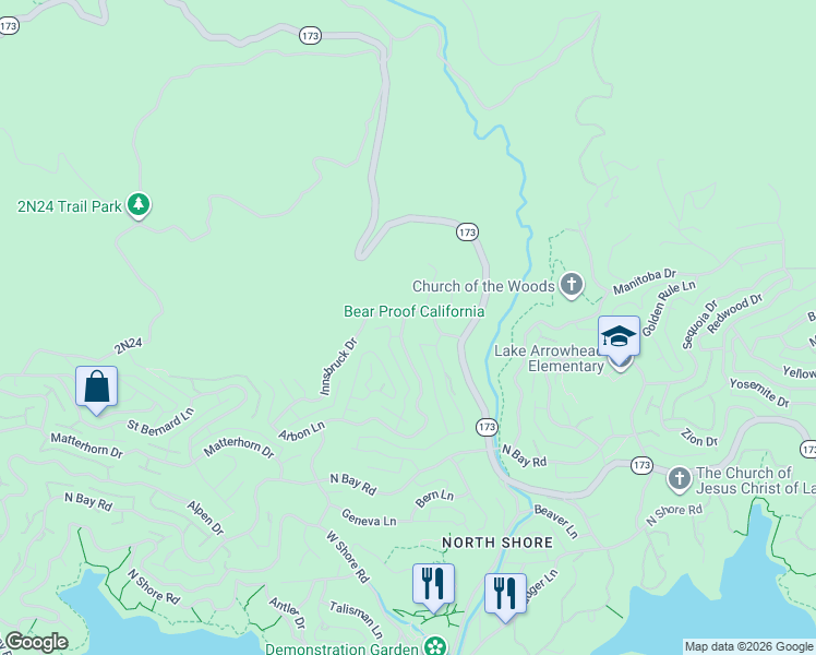 map of restaurants, bars, coffee shops, grocery stores, and more near 28277 Arbon Lane in Lake Arrowhead