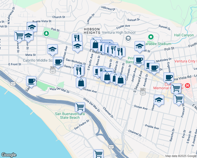 map of restaurants, bars, coffee shops, grocery stores, and more near 1907 East Thompson Boulevard in Ventura