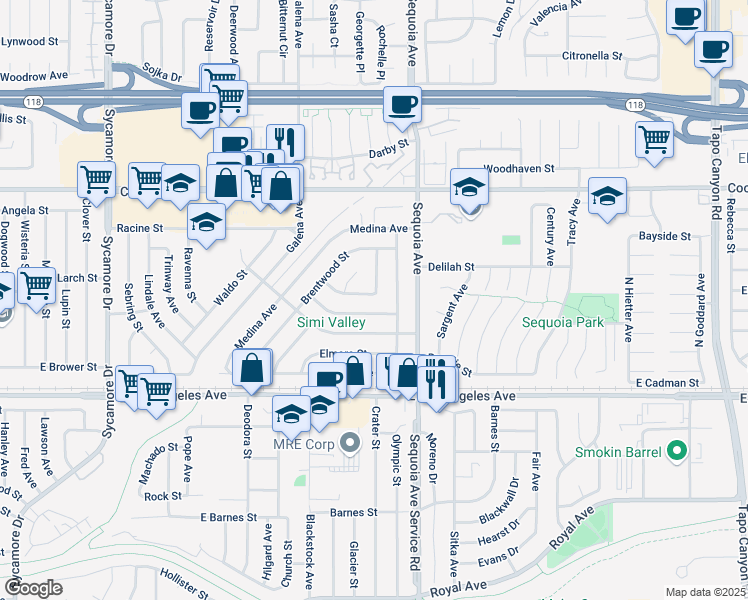 map of restaurants, bars, coffee shops, grocery stores, and more near 3292 Grafton Street in Simi Valley