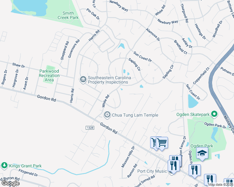 map of restaurants, bars, coffee shops, grocery stores, and more near 602 Bay Blossom Drive in Wilmington
