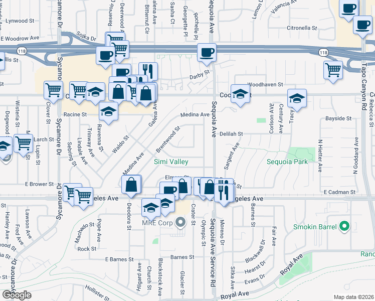 map of restaurants, bars, coffee shops, grocery stores, and more near 3280 Grafton Street in Simi Valley