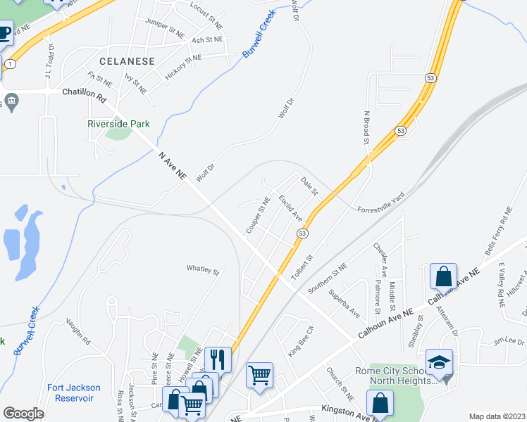 map of restaurants, bars, coffee shops, grocery stores, and more near 220 Couper Street Northeast in Rome