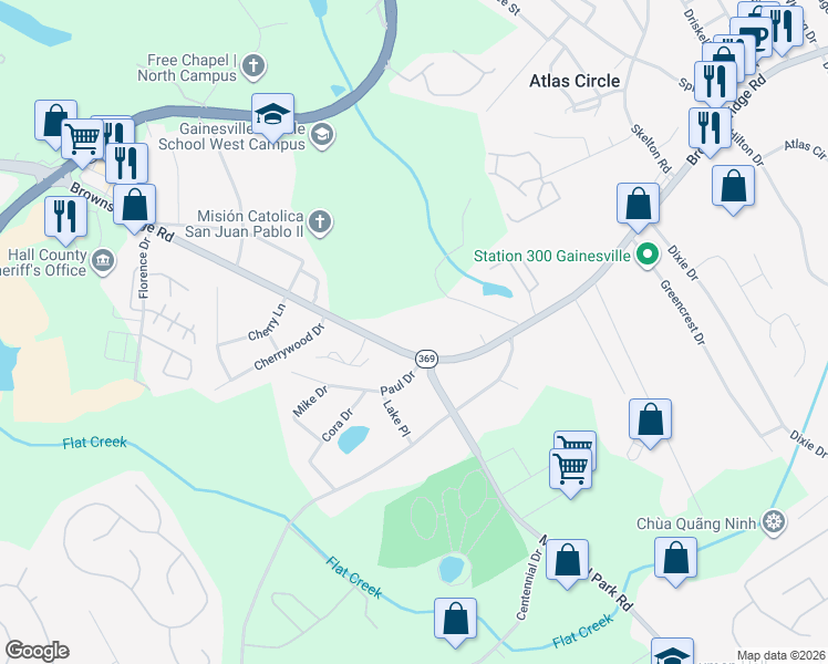map of restaurants, bars, coffee shops, grocery stores, and more near 2510 Browns Bridge Road in Gainesville
