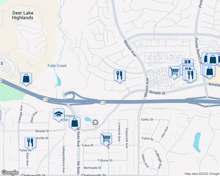 map of restaurants, bars, coffee shops, grocery stores, and more near 11205 Salerno Way in Los Angeles