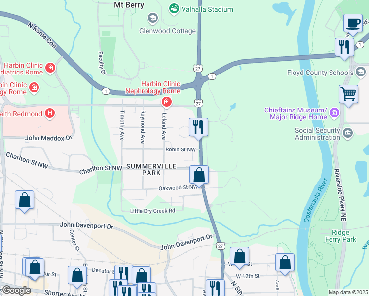 map of restaurants, bars, coffee shops, grocery stores, and more near 1 Robin Street Northwest in Rome