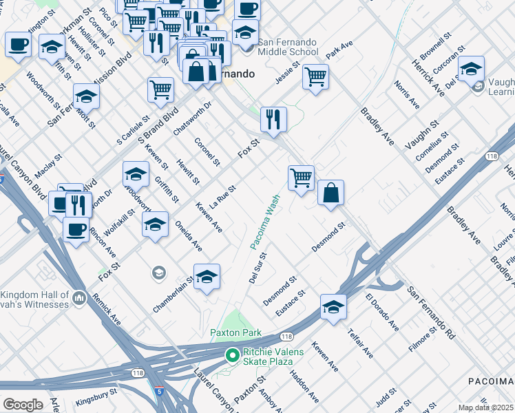 map of restaurants, bars, coffee shops, grocery stores, and more near 11268 Telfair Avenue in San Fernando