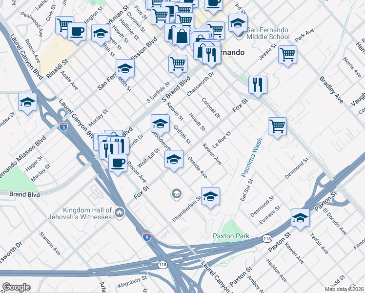 map of restaurants, bars, coffee shops, grocery stores, and more near 626 Mott Street in San Fernando