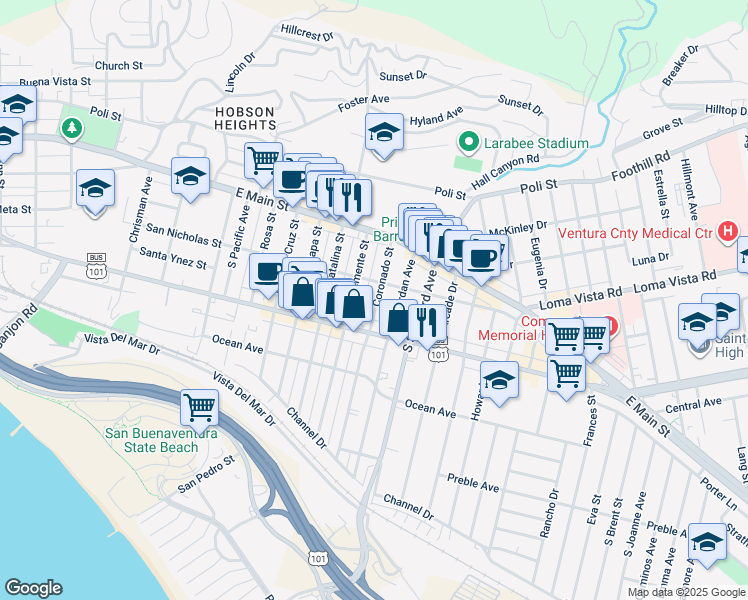 map of restaurants, bars, coffee shops, grocery stores, and more near 183 Coronado Street in Ventura