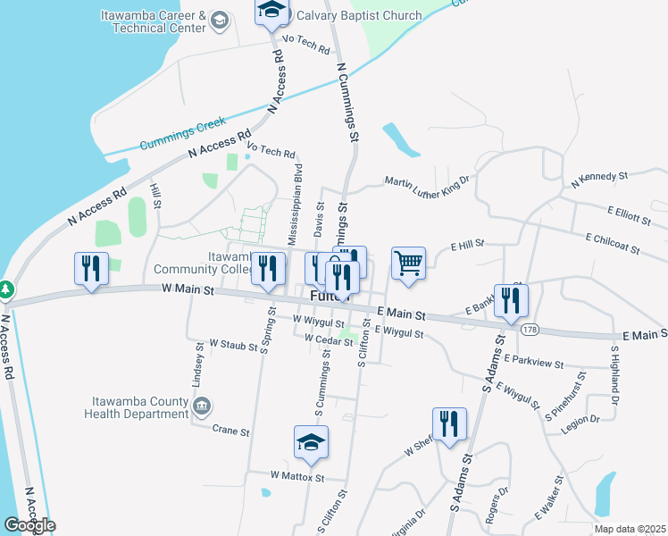 map of restaurants, bars, coffee shops, grocery stores, and more near 207 North Cummings Street in Fulton