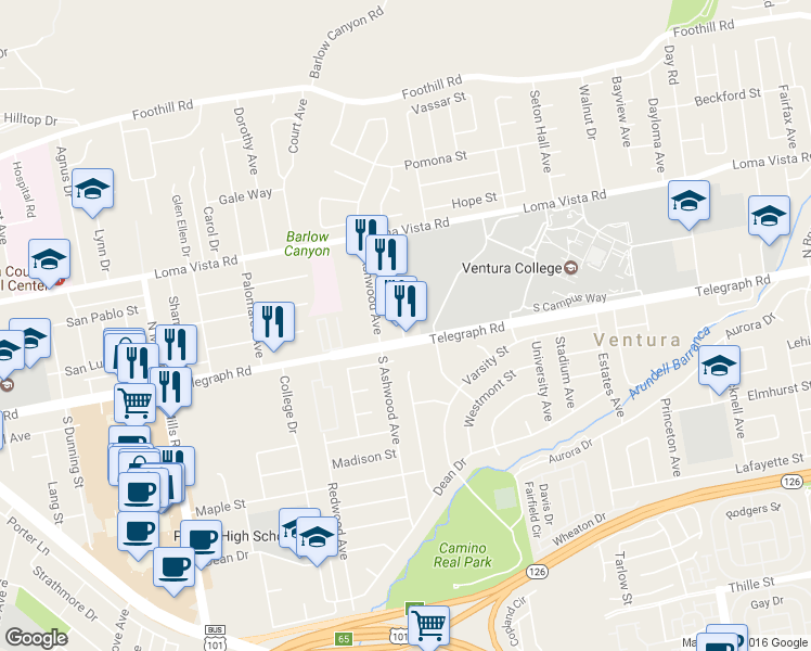 map of restaurants, bars, coffee shops, grocery stores, and more near 4231 Telegraph Road in Ventura