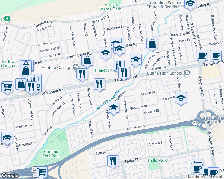map of restaurants, bars, coffee shops, grocery stores, and more near 4964 Telegraph Road in Ventura