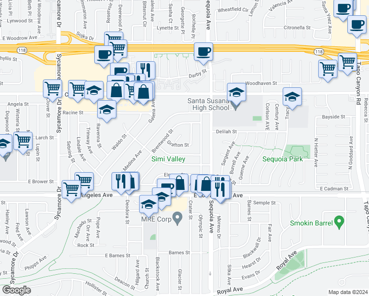 map of restaurants, bars, coffee shops, grocery stores, and more near 3280 Grafton Street in Simi Valley