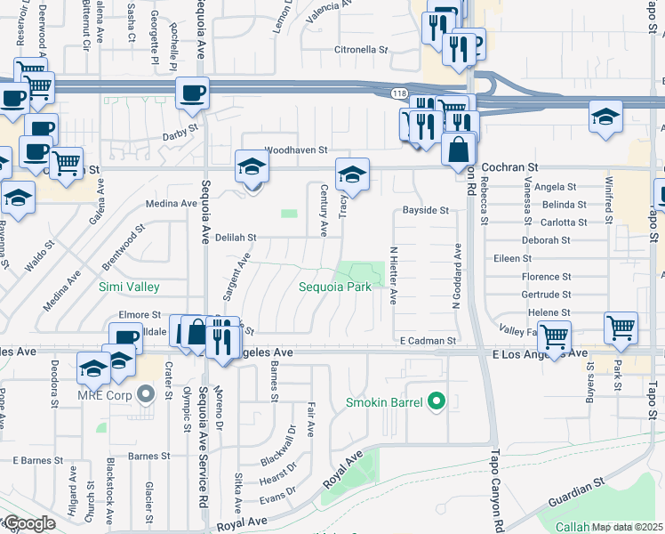map of restaurants, bars, coffee shops, grocery stores, and more near 2175 Tracy Avenue in Simi Valley