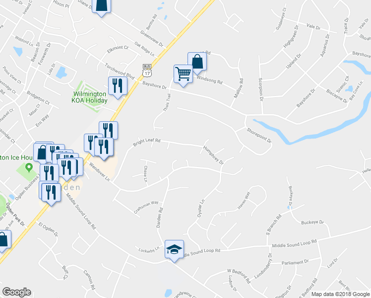 map of restaurants, bars, coffee shops, grocery stores, and more near 7432 Bright Leaf Road in Wilmington