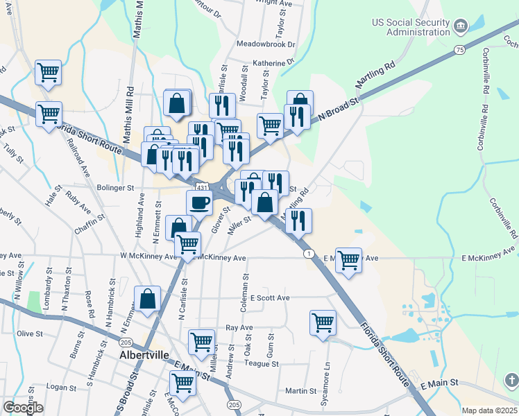 map of restaurants, bars, coffee shops, grocery stores, and more near 7007 Florida Short Route in Albertville