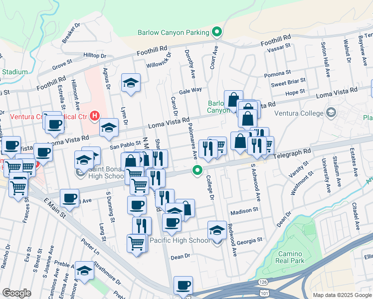 map of restaurants, bars, coffee shops, grocery stores, and more near 3750 Mound Avenue in Ventura