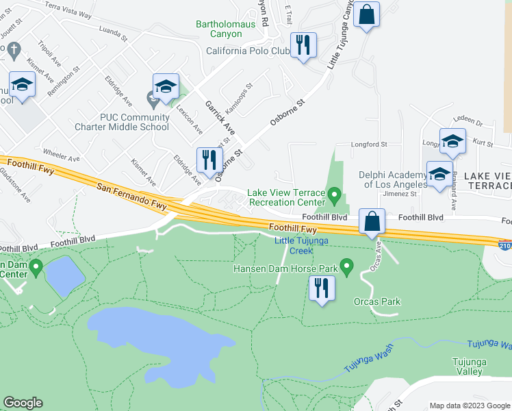 map of restaurants, bars, coffee shops, grocery stores, and more near 11300 Foothill Boulevard in Los Angeles