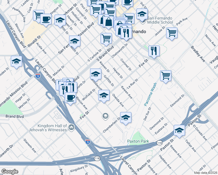 map of restaurants, bars, coffee shops, grocery stores, and more near 626 Mott Street in San Fernando