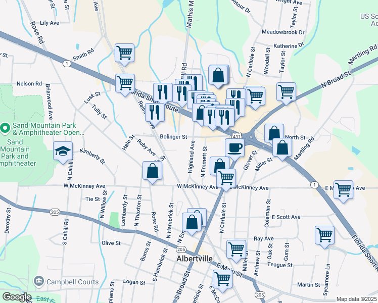 map of restaurants, bars, coffee shops, grocery stores, and more near 418 Highland Avenue in Albertville