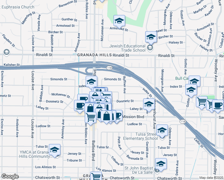 map of restaurants, bars, coffee shops, grocery stores, and more near 16865 Mc Keever Street in Los Angeles
