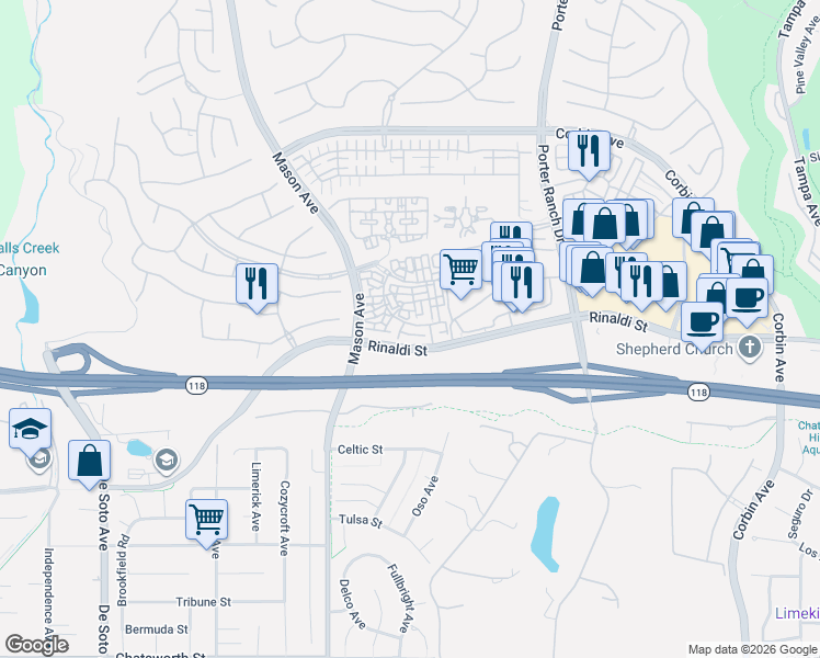 map of restaurants, bars, coffee shops, grocery stores, and more near 20335 Paseo Meriana in Los Angeles