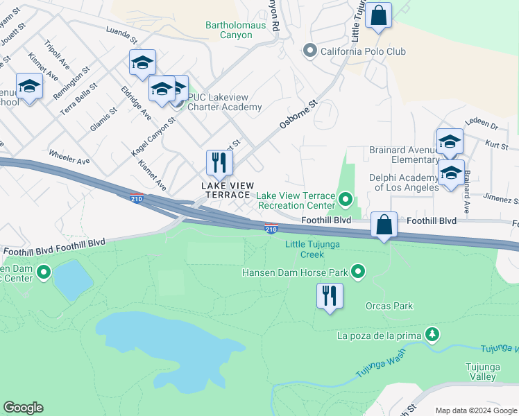 map of restaurants, bars, coffee shops, grocery stores, and more near 11300 Foothill Boulevard in Los Angeles