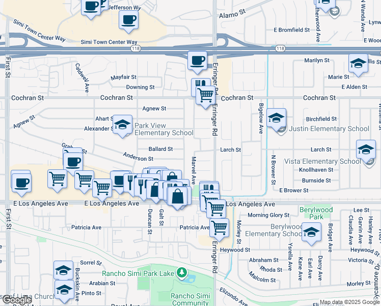 map of restaurants, bars, coffee shops, grocery stores, and more near 2195 Marvel Avenue in Simi Valley